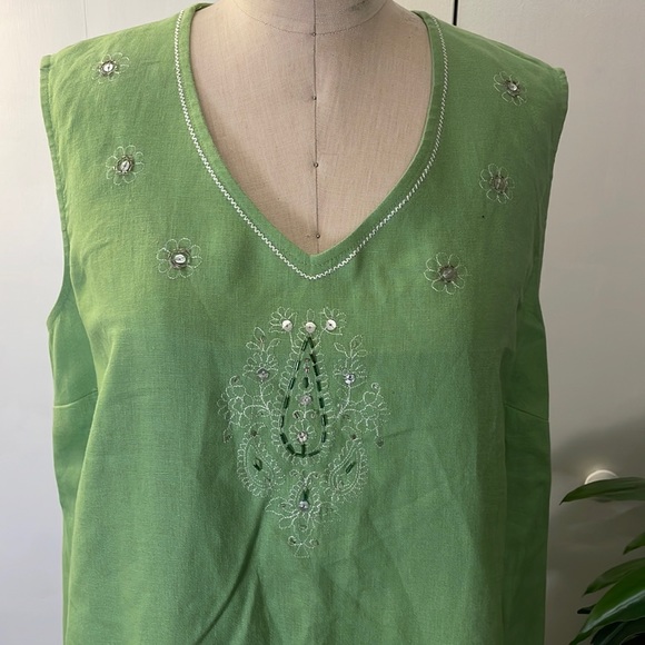 Lime green linen beaded and embroidered v-neck sleeveless maxi dress - Picture 2 of 7